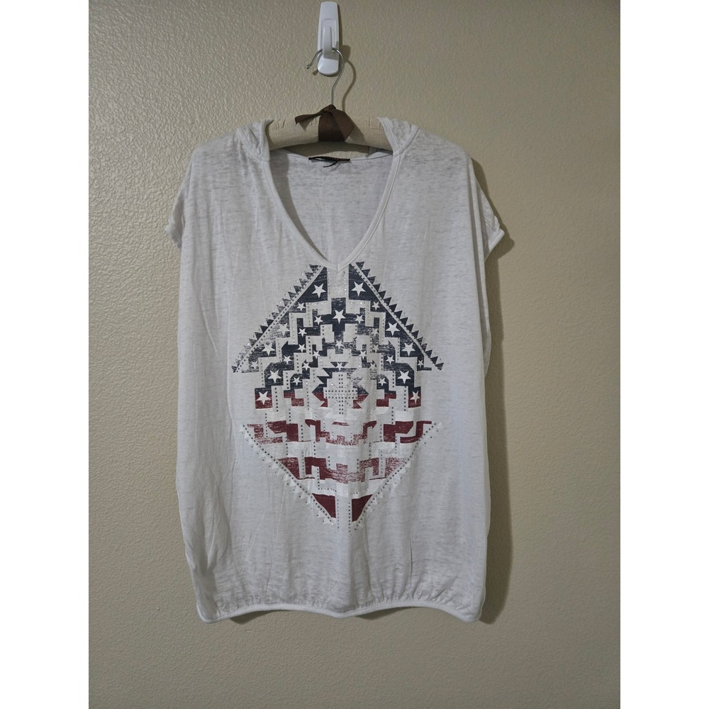 Rock and Roll Cowgirl White Hooded Sleeveless Graphic Top Rhinestone Western L
